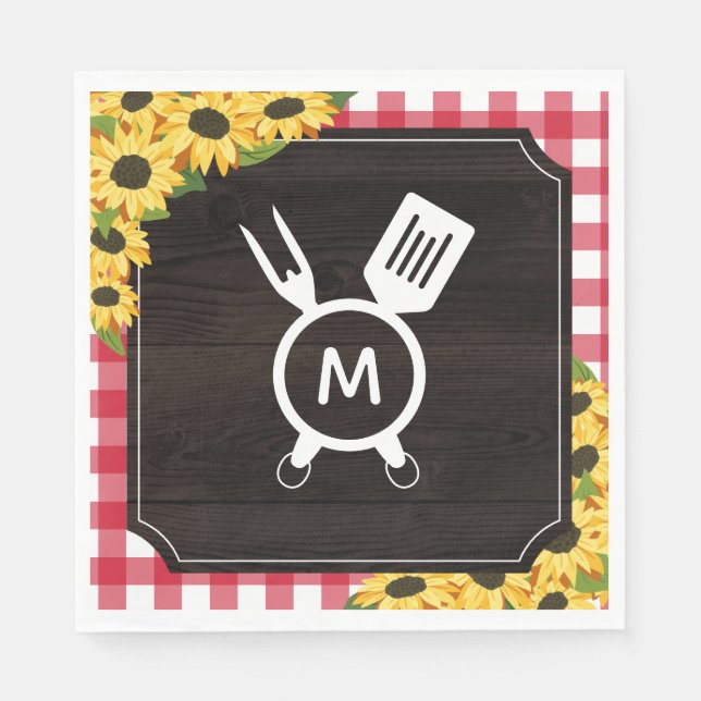 Servilleta De Papel BBQ Monogramada en Rojo Gingham y Sunflower (Anverso)