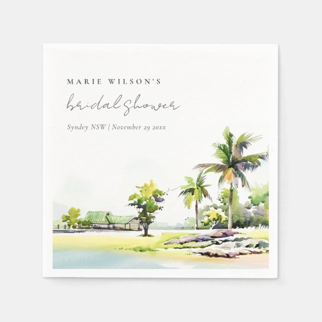 Servilleta De Papel Beach Coastal Palm Trees Watercolour Bridal Shower (Anverso)