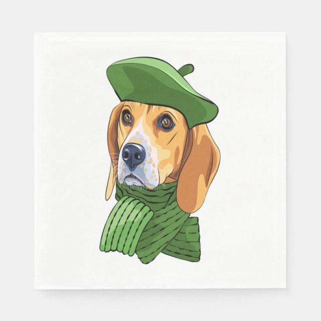 Servilleta De Papel Beagle de perro en boina verde francesa (Anverso)