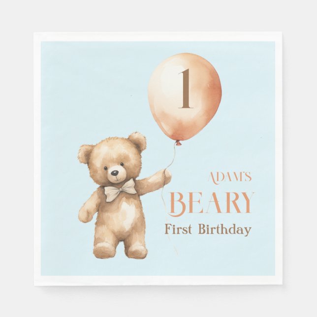 Servilleta De Papel Bear Blue Boy Beary 1er cumpleaños (Anverso)