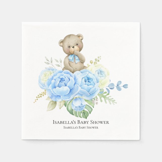 Servilleta De Papel Bear Boy Blue Flower | Baby Shower Napkins (Anverso)