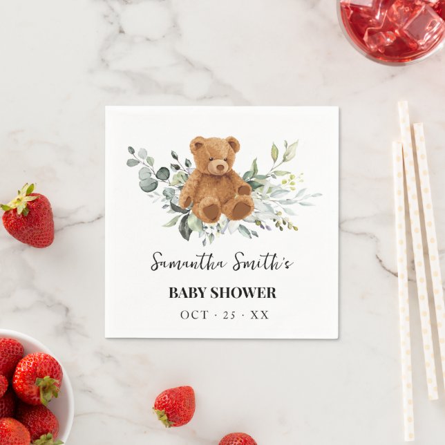 Servilleta De Papel Bear Eucalyptus Greenery Baby Shower Napkins (In situ)