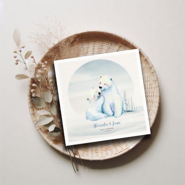 Servilleta De Papel Bear Wait Polar Mama Bear Cub Baby Boy Shower (winter boy baby shower bearly wait polar bear mama cub watercolor cute adorable love napkin custom)