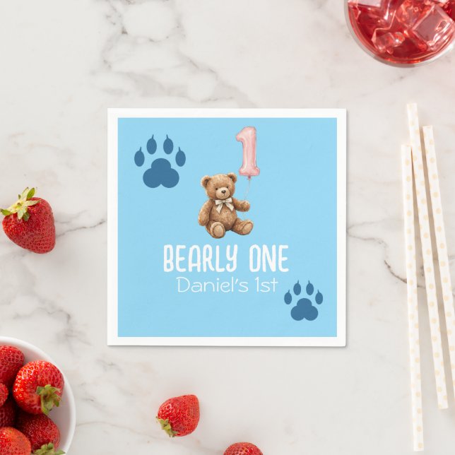 Servilleta De Papel Bearly One | Oso de peluche marrón cumpleaños (In situ)
