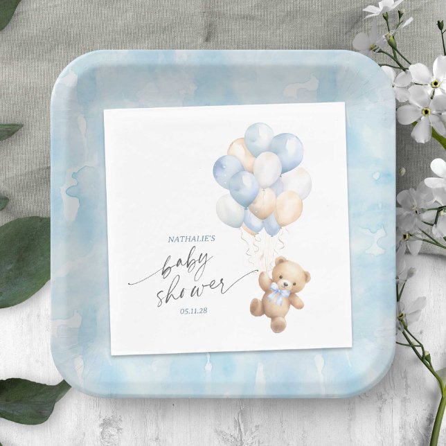 Servilleta De Papel Bearly simple espera Teddy Bear Blue Balloons Duch (Blue We Can Bearly Wait, Teddy Bear Themed Baby Boy Shower Napkin.)