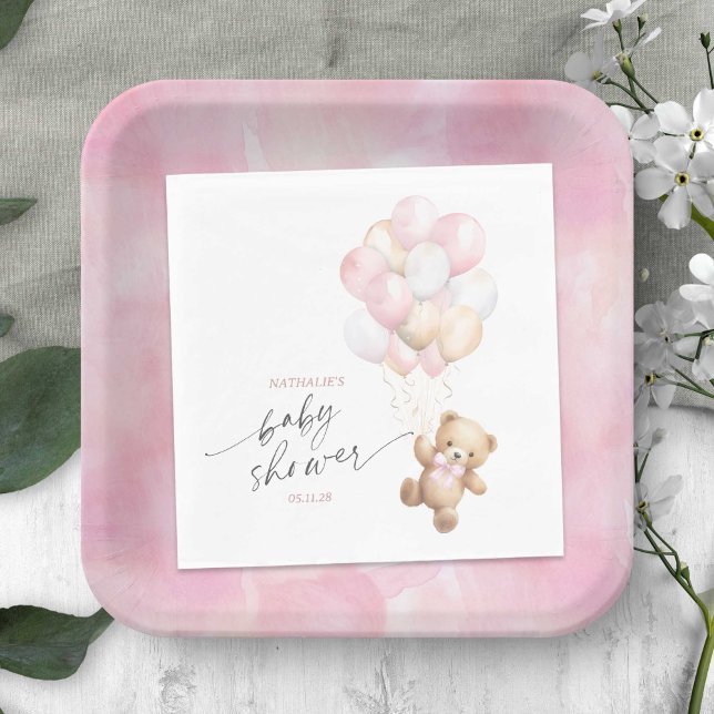 Servilleta De Papel Bearly Wait Cute Bear Bear Pink Balloons Ducha (Pink We Can Bearly Wait, Teddy Bear Themed Baby Boy Shower Napkin.)