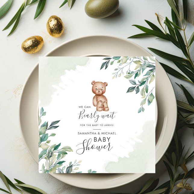 Servilleta De Papel Bearly Wait Eucalyptus deja a las parejas Baby Sho (Eucalyptus and Bear Baby Shower Paper Napkin)