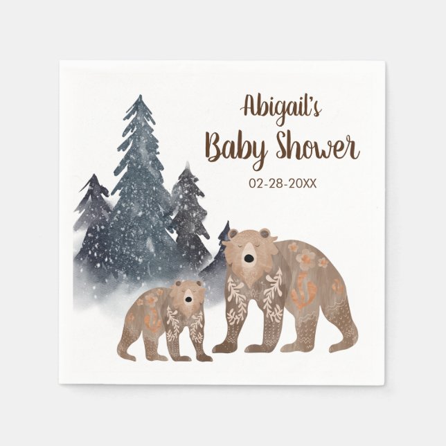 Servilleta De Papel Bears in Winter Forest Scandi Neutral Baby Shower (Anverso)