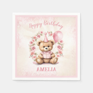 Servilleta De Papel Beary 1 cumpleaños Pink Teddy Bear Paper Napkins