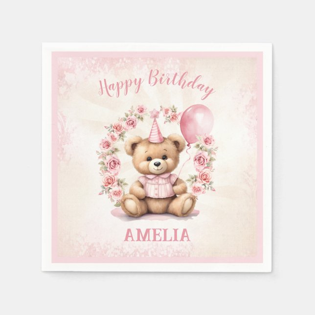 Servilleta De Papel Beary 1 cumpleaños Pink Teddy Bear Paper Napkins (Anverso)