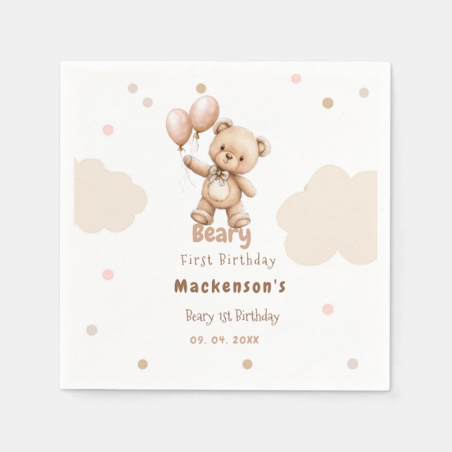 Servilleta De Papel Beary First Balloon Boy 1st Birthday Teddy Bear (Anverso)