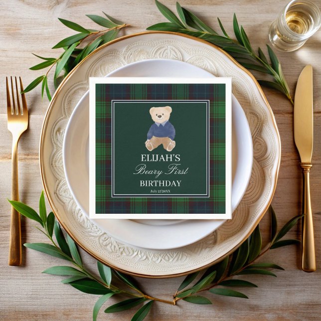 Servilleta De Papel Beary primera fiesta de cumpleaños de oso de peluc (Beary first birthday green plaid  teddy bear birthday party monogrammed napkins personalized decor)