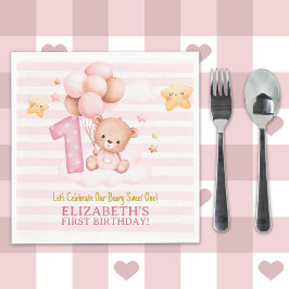Servilleta De Papel Beary Sweet One Birthday | Pink Boho Bear Girl
