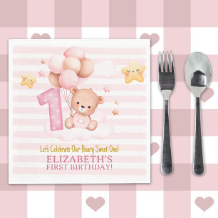 Servilleta De Papel Beary Sweet One Birthday Pink Boho Bear Girl