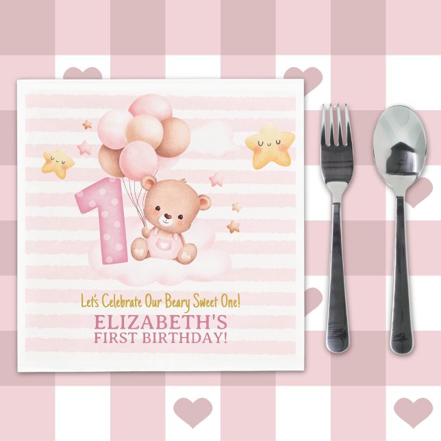 Servilleta De Papel Beary Sweet One Birthday | Pink Boho Bear Girl (Subido por el creador)
