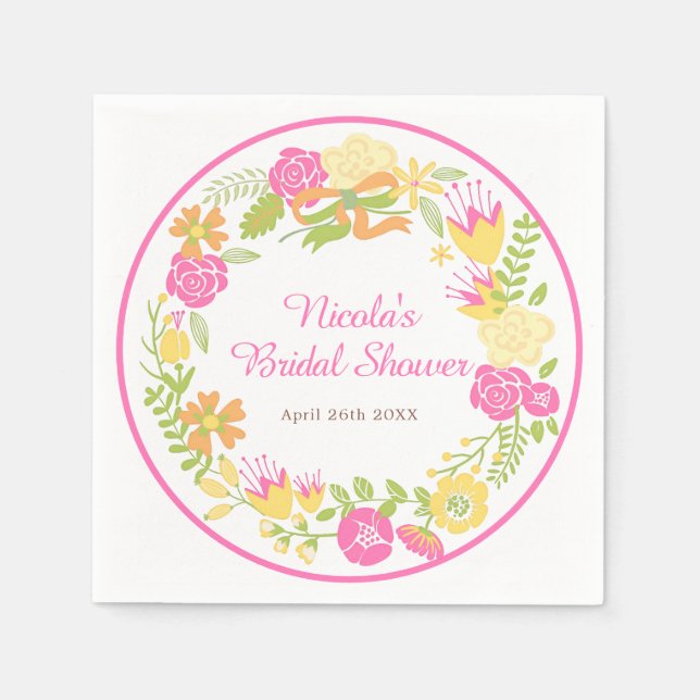 Servilleta De Papel Beautiful Hot Pink Floral Wreath Bridal Shower (Anverso)
