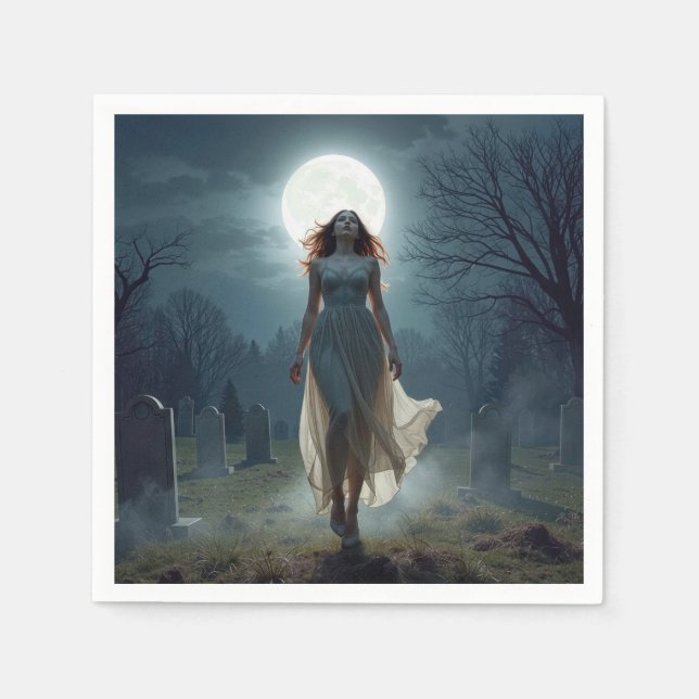 Servilleta De Papel Beautiful Woman Walking In a Moonlit Cemetery (Anverso)