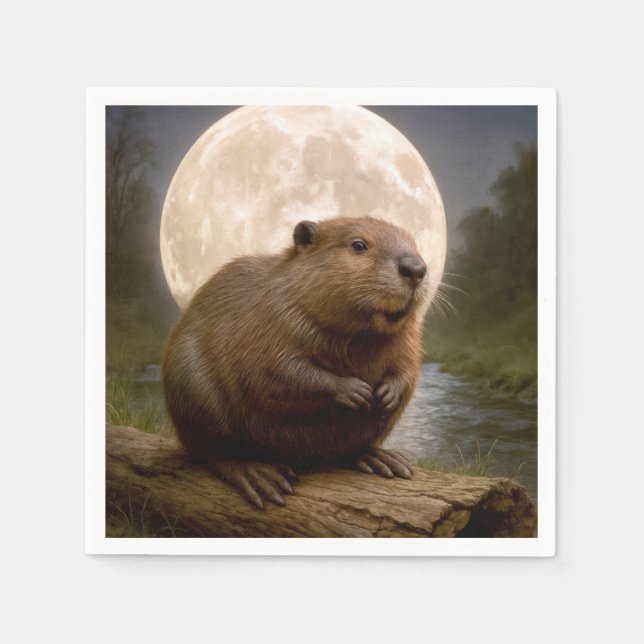 Servilleta De Papel Beaver On a Log With Full Moon (Anverso)