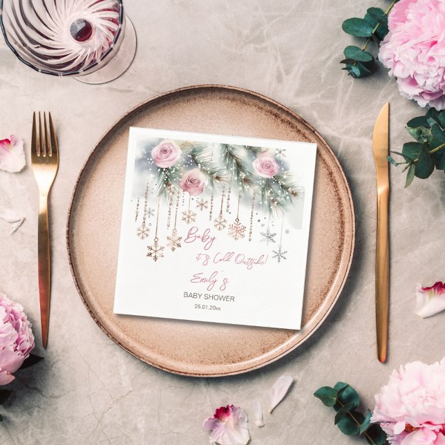 Servilleta De Papel Beba su frío fuera del invierno vajilla de ducha d (Baby its cold outside winter baby shower tableware personalized template napkins blush pink snow)