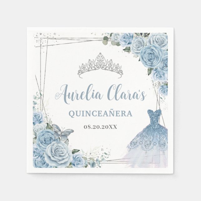 Servilleta De Papel Bebé Azul Floral Vestido Plata Quinceañera (Anverso)