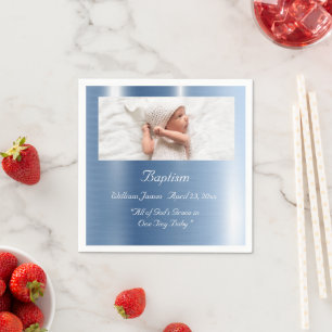 Servilleta De Papel Bebé Blue Metallic Photo Typography Baptism