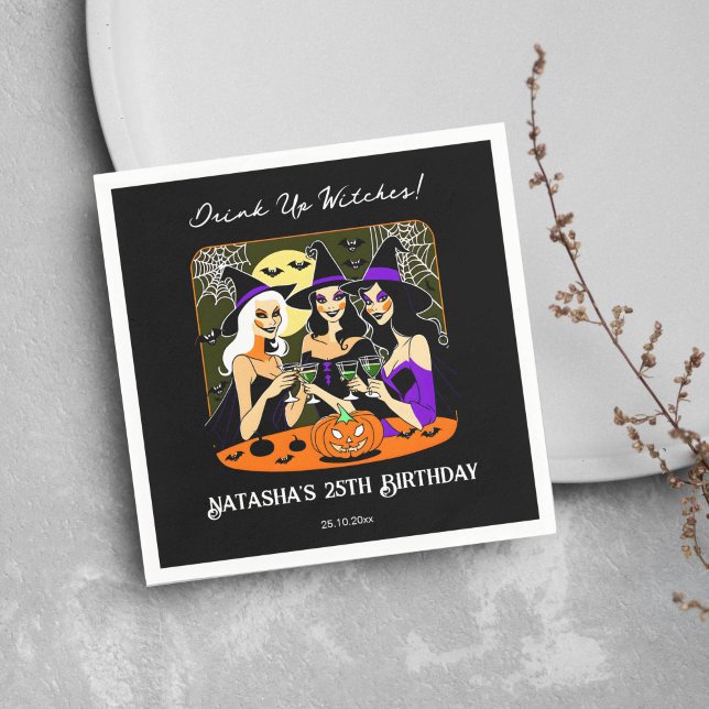 Servilleta De Papel Bebe brujas adulto fiesta de cumpleaños de Hallowe (Halloween adult birthday party tableware personalized napkins pretty witches sipping cocktails black)