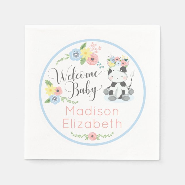 Servilleta De Papel Bebé Cow Floral Calf Bienvenidos a Baby Shower Fie (Anverso)