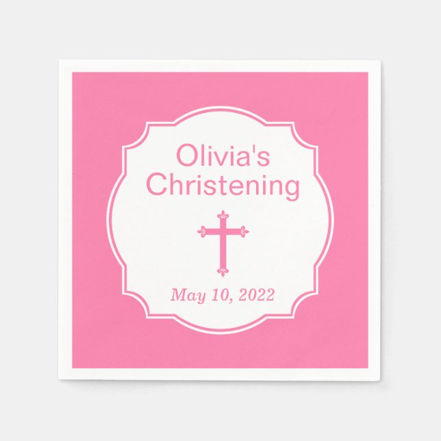 Servilleta De Papel Bebé cruzado rosado bautismo bautizo cristiano (Anverso)