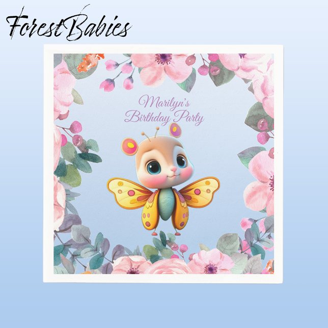 Servilleta De Papel Bebé Cute Niña Mariposa Rosa Floral Niño Nacimient (Butterfly Girl 🦋 Pink Floral 🌸 ForestBabies Customizable Birthday Party Paper Napkins)