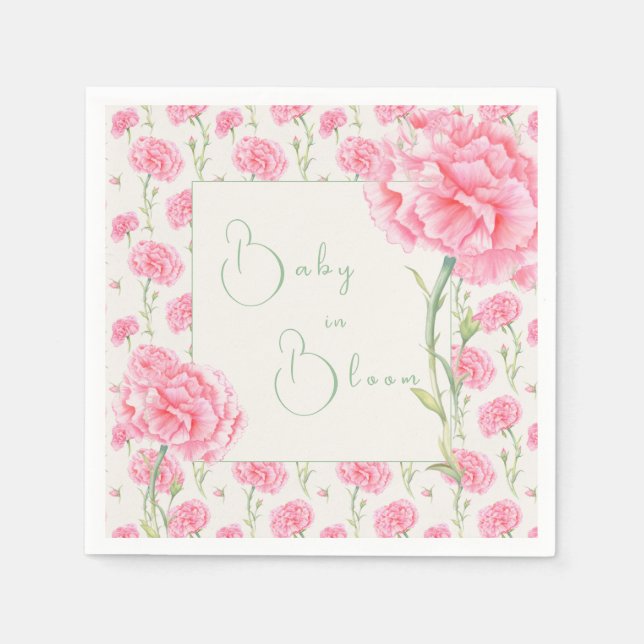 Servilleta De Papel Bebé de Clavel Rosa en Flor Invitaciones de Cumple (Anverso)