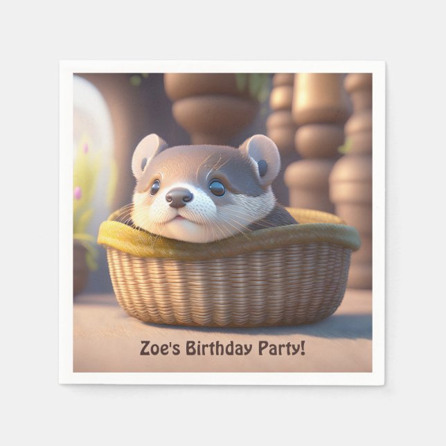 Servilleta De Papel Bebé de nutria en una canasta - cumpleaños de pers (Anverso)