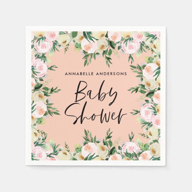 Servilleta De Papel Bebé ducha acuarela melocotón giratorio guión flor (Anverso)