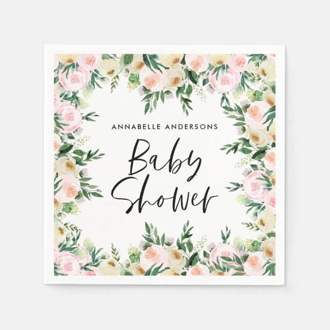 Servilleta De Papel Bebé ducha acuarela rosa giratorio guión floral (Anverso)