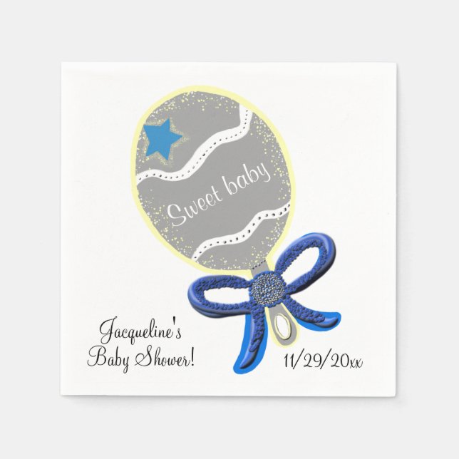 Servilleta De Papel Bebé dulce Rattle Blue Bow Baby Shower (Anverso)