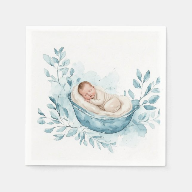 Servilleta De Papel Bebé durmiendo en cuna azul (Anverso)