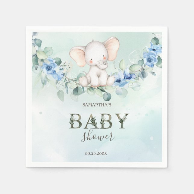 Servilleta De Papel Bebé Elefante Rosas Azules Adorable (Anverso)