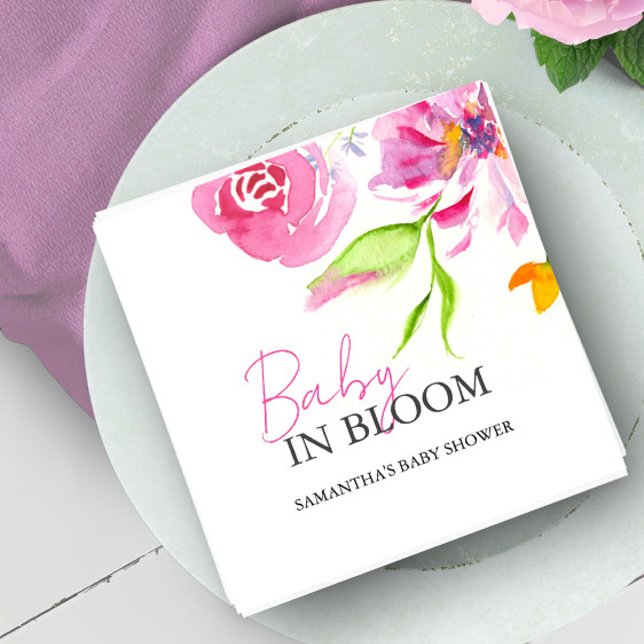 Servilleta De Papel Bebé en Flor Ducha Flores Acuarela (Baby in bloom baby shower napkin pink watercolor florals by Victoria Grigaliunas Do Tell A Belle)