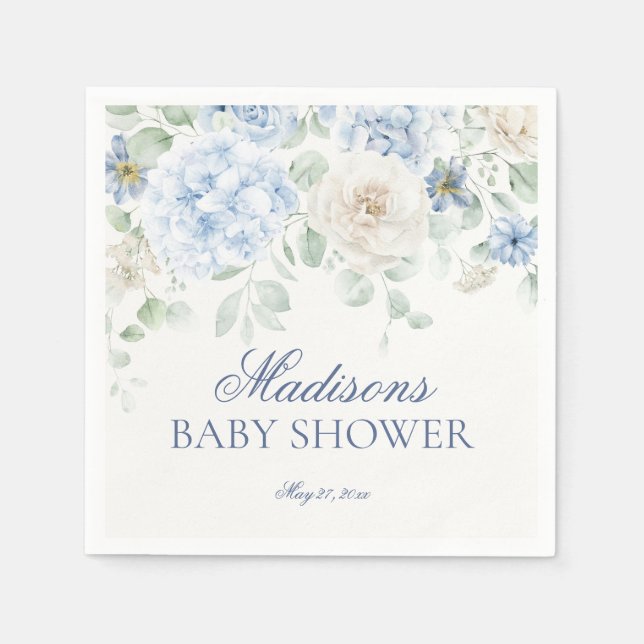 Servilleta De Papel Bebé floral azul en Bloom Hydrangea Baby Shower (Anverso)