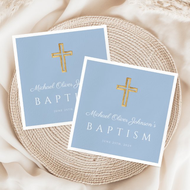 Servilleta De Papel Bebé moderno azul Religioso travesía baptismo (Modern Baby Blue Religious Cross Boy Baptism Napkins)