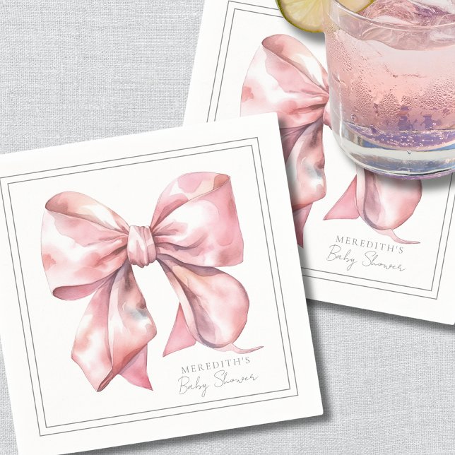 Servilleta De Papel Bebé Niña: Baby Shower con Lazo Rosa Personalizado (Pink Bow Baby Shower Napkins)