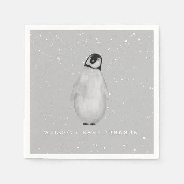 Servilleta De Papel Bebé Pingüino Gris Invernal Baby Shower Neutral (Anverso)