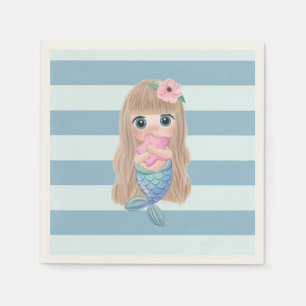 Servilleta De Papel Bebé Sirena Adorable sobre Rayas Azules Claras