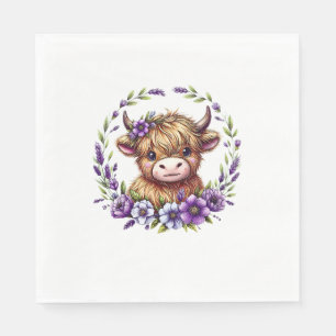 Servilleta De Papel Bebé Vaca Highland Con Flores Púrpuras Escocia Lej