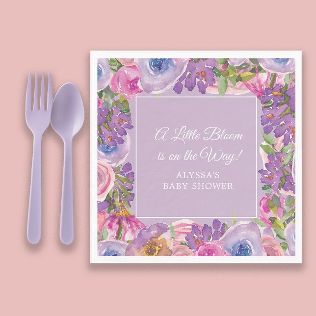 Servilleta De Papel Beber de flores rosadas púrpuras (Pink and purple watercolor floral "A little bloom" baby girl shower paper napkins)