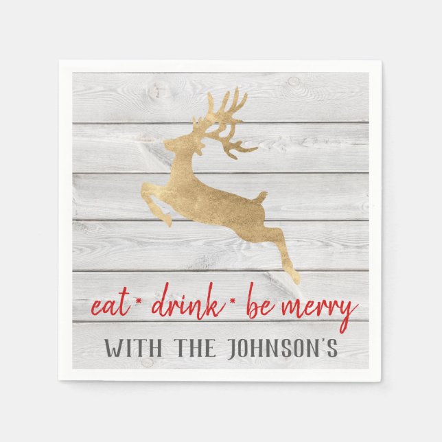 Servilleta De Papel Bebida Comer Be Merry Red Gold White Wood Rendeer (Anverso)