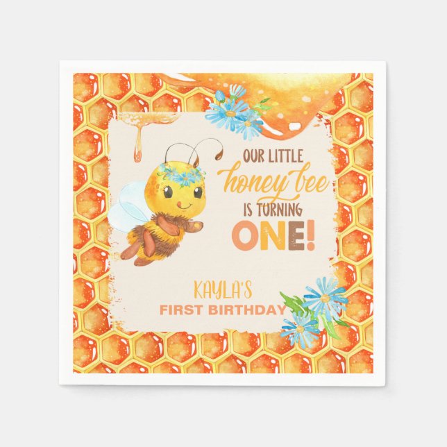 Servilleta De Papel Bee First Birday Napkin - Chica - Personalizado (Anverso)