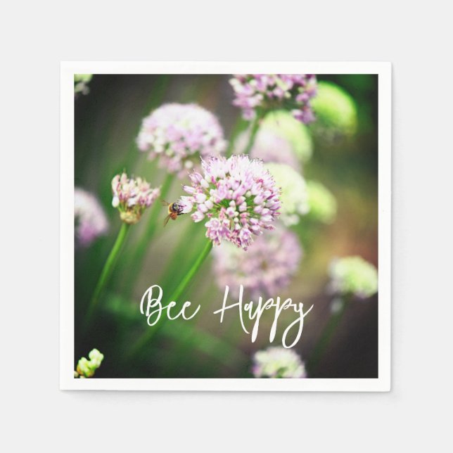 Servilleta De Papel Bee Happy with Purple Diagonal Allium Flowers (Anverso)