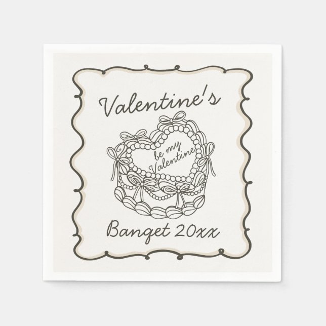 Servilleta De Papel Beige Bow Retro Heart Coquette Cake Valentines (Anverso)