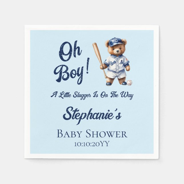 Servilleta De Papel Béisbol Oh Boy Baby Shower Cuear Bear (Anverso)
