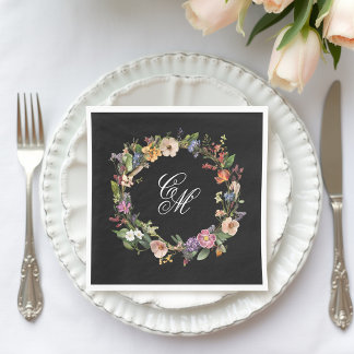 Servilleta De Papel Bella Artes Black Floral Monograma Wreath
